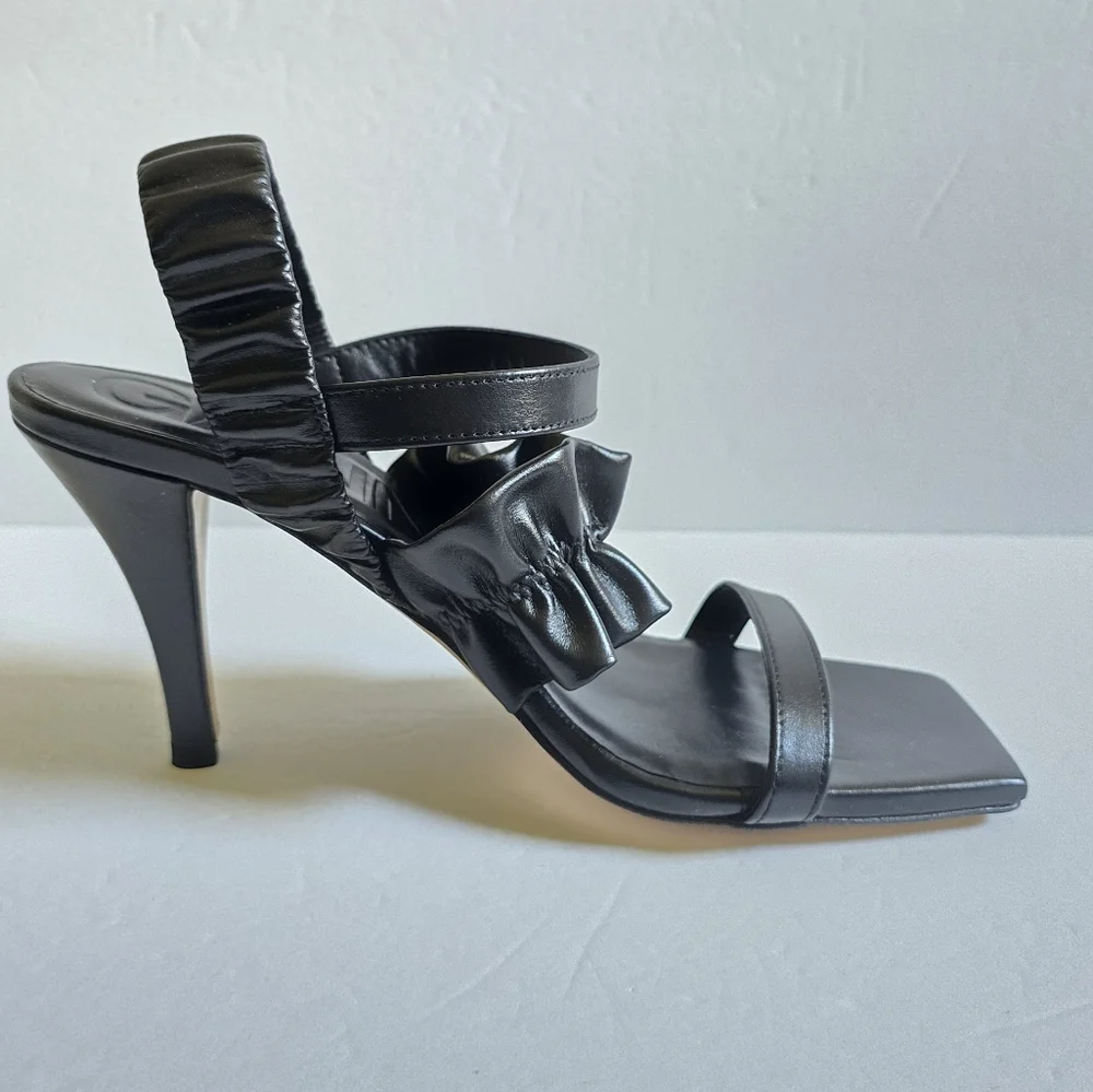 Ganni Ruffled Leather Slingback Sandals Size 39 US 9 Black - Picture 8 of 11